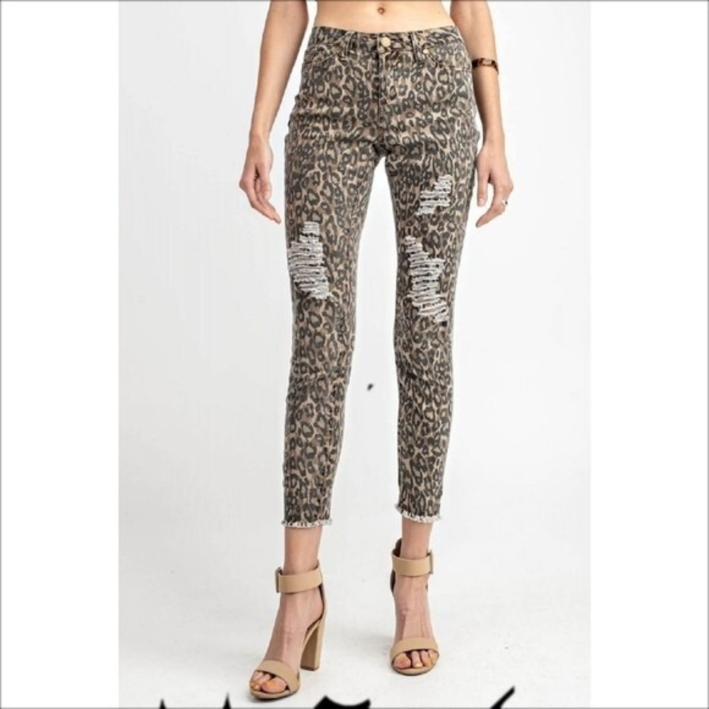 EASEL Women Distressed Animal Leopard Print Skinny Pants Sz M Black Tan 71-8